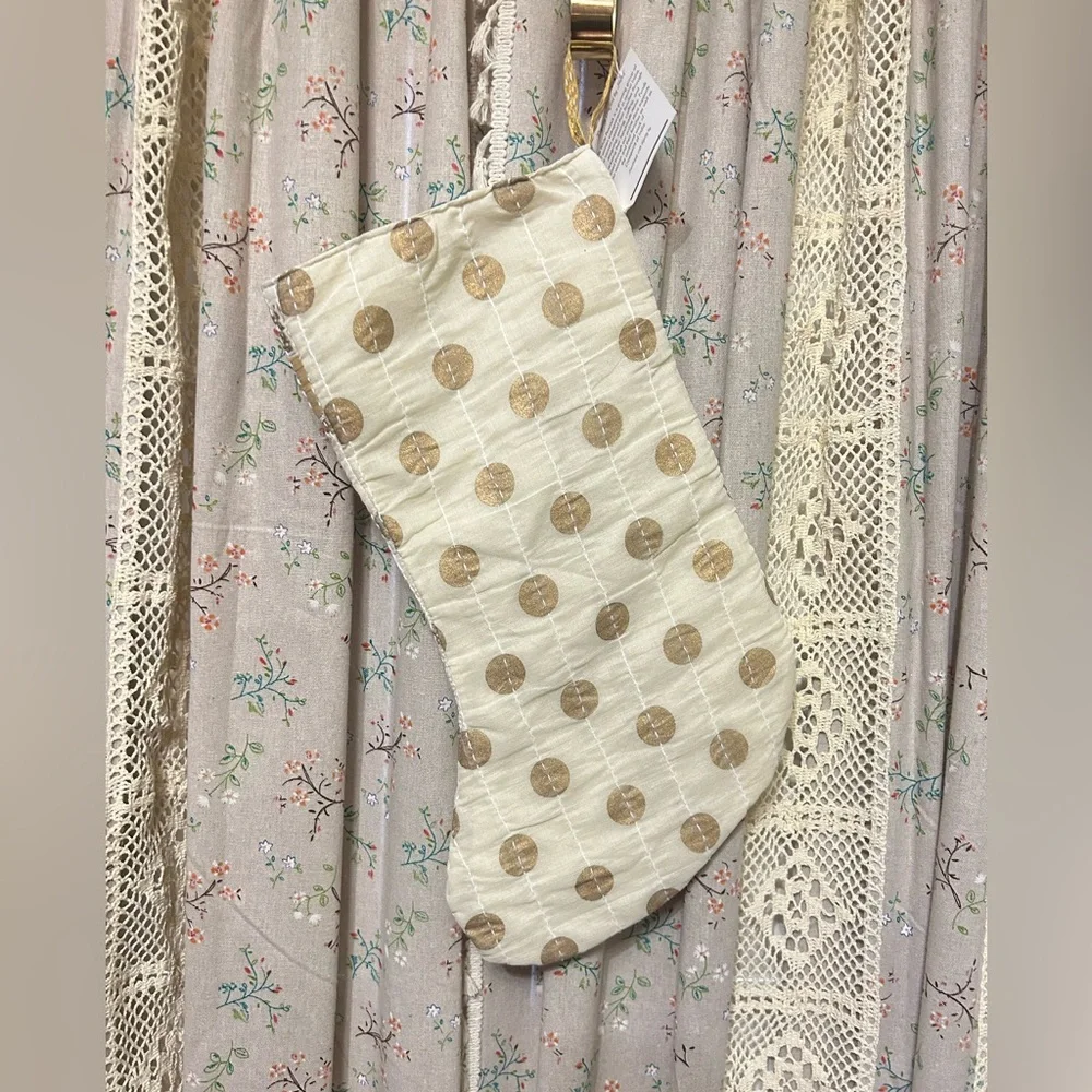 4/$25 Gorgeous Metallic Gold & Ivory Polka Dot‎ Stocking NWT